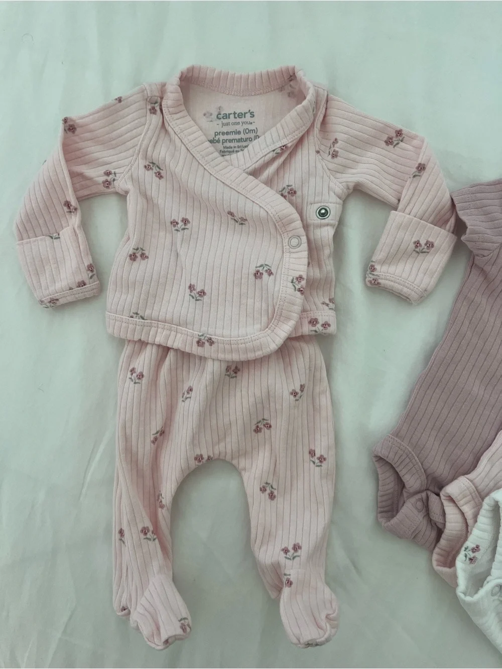 Carter's Ribbed Pink Floral Baby Girl Preemie bundle - Footies Pajama PJ Onesie - Picture 3 of 4